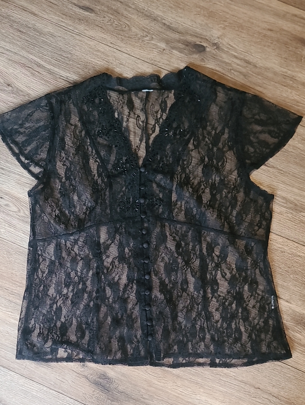 EUC Vintage Sheer Black Lace Beaded Blouse Short Sleeve Button Front